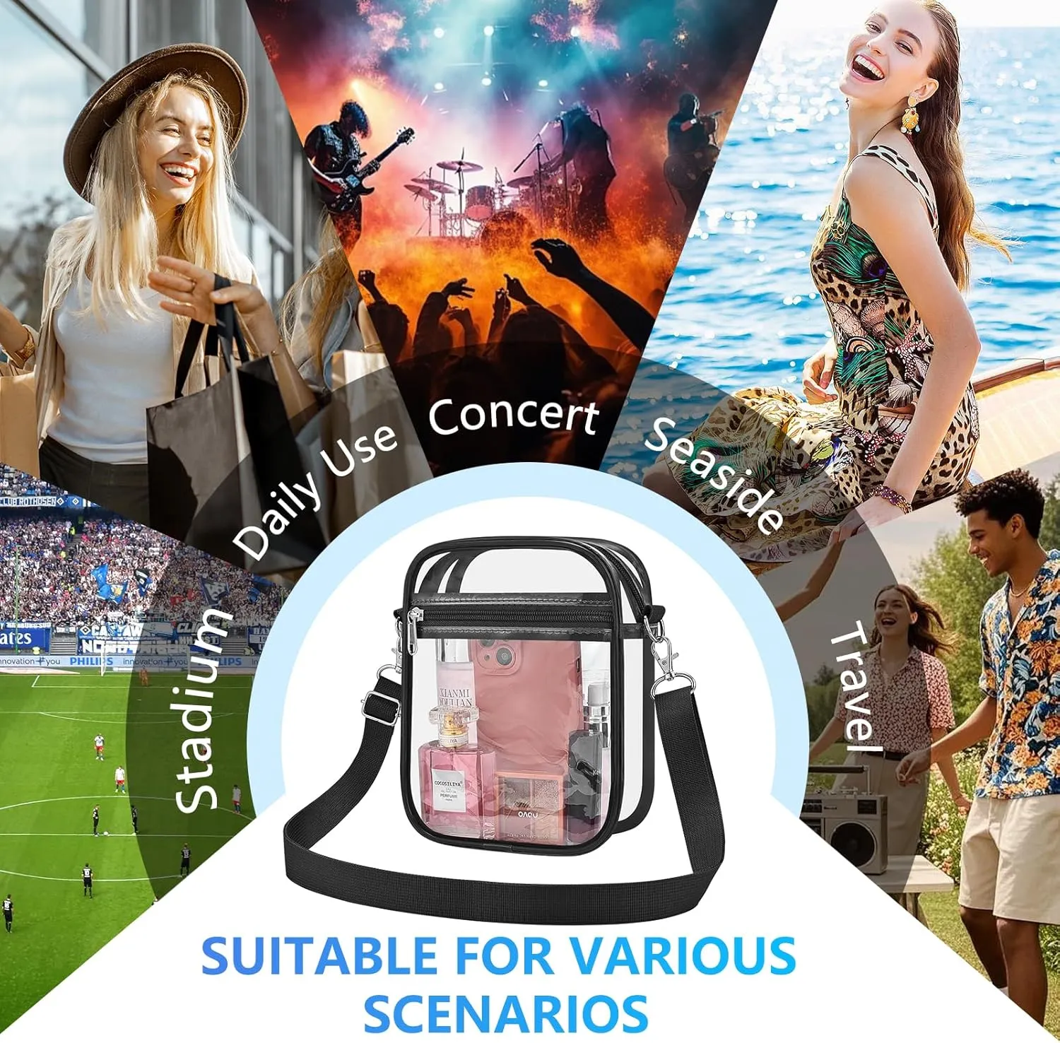 Clear Bag for Stadium Events Men&Women Clear Crossbody Bag Stadium Approved Clear Purse Bag Waterproof Clear Bag