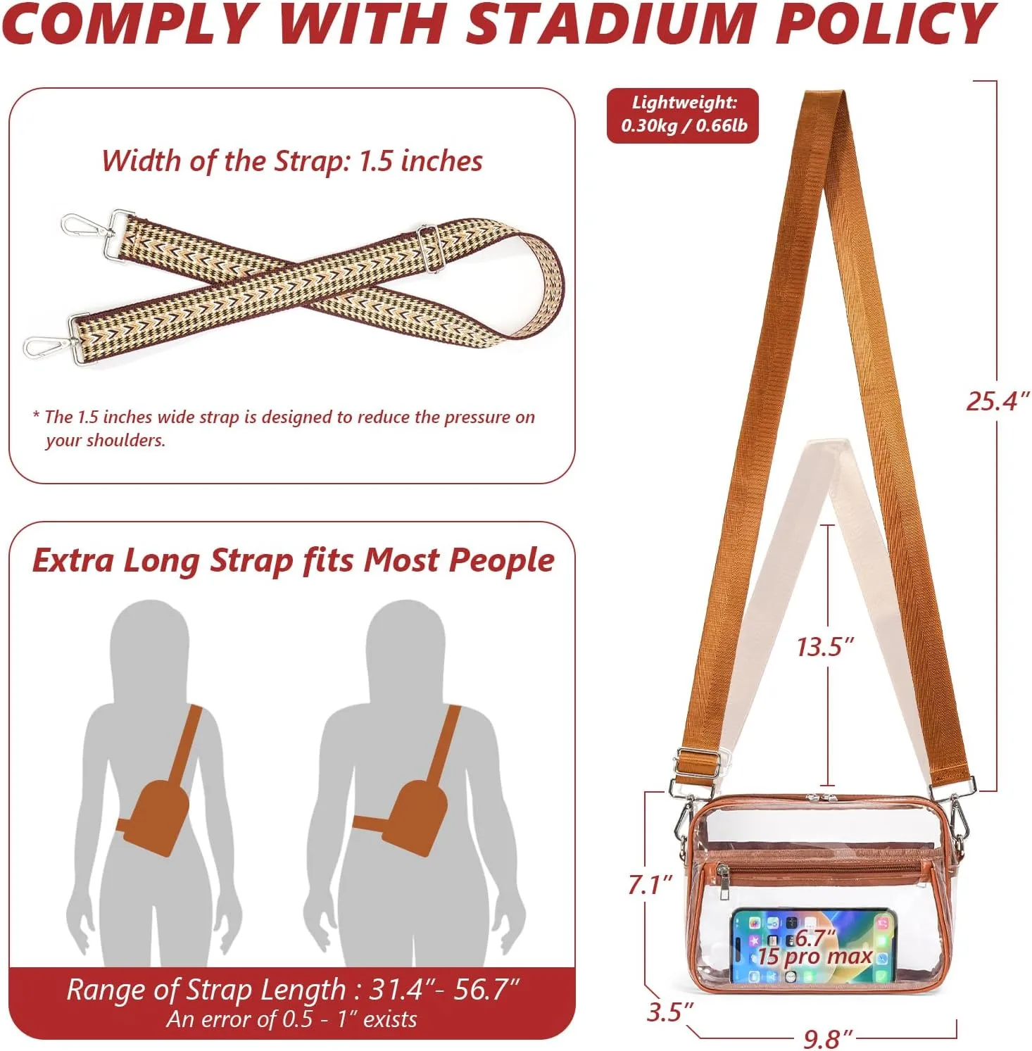 Clear Bag for Stadium Events with 2 Long Straps, See Through Purse for Women Crossbody Bag Concert Stadium Approved