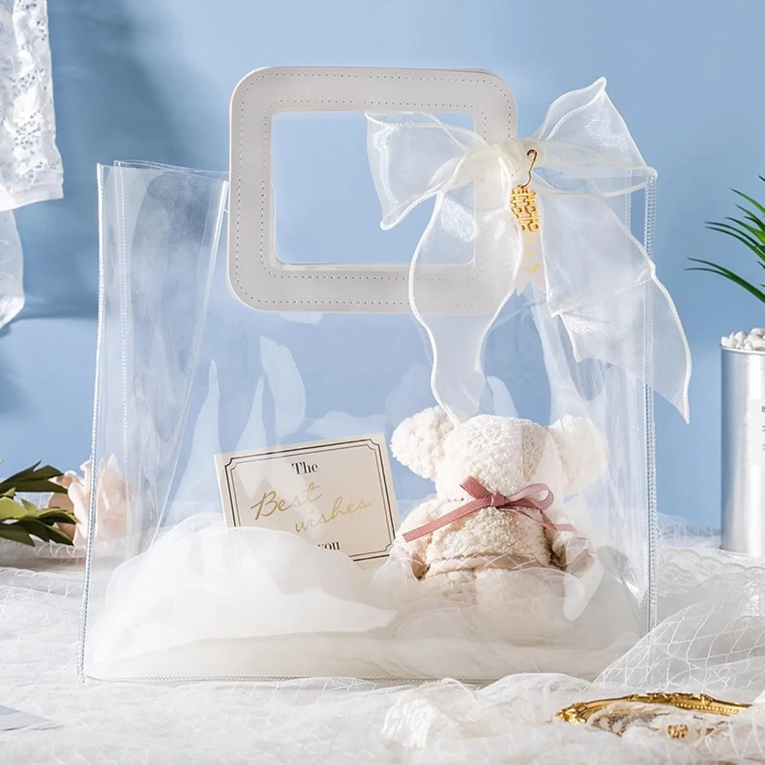 Clear Gift Bag with Handle, 4 Pcs Large Transparent PVC Gift Bag, Heavy Duty Reusable Gift Wrap Bags for Bridal Party, Baby Shower, Wedding Favor, Shopping Bag Bulk- 9.8"x6"x11"