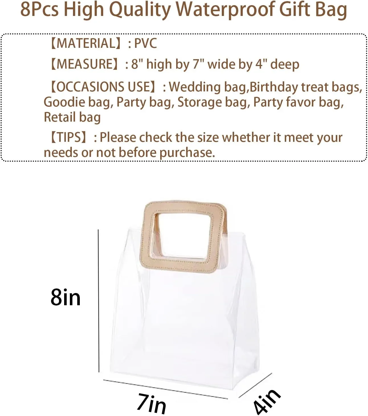 Clear Gift Bag with Handle, 8 Pcs Transparent PVC Gift Bag, Heavy Duty Reusable Gift Wrap Bags for Bridal Party, Baby Shower, Wedding Favor, Shopping Bag Bulk- 7"x4"x8"