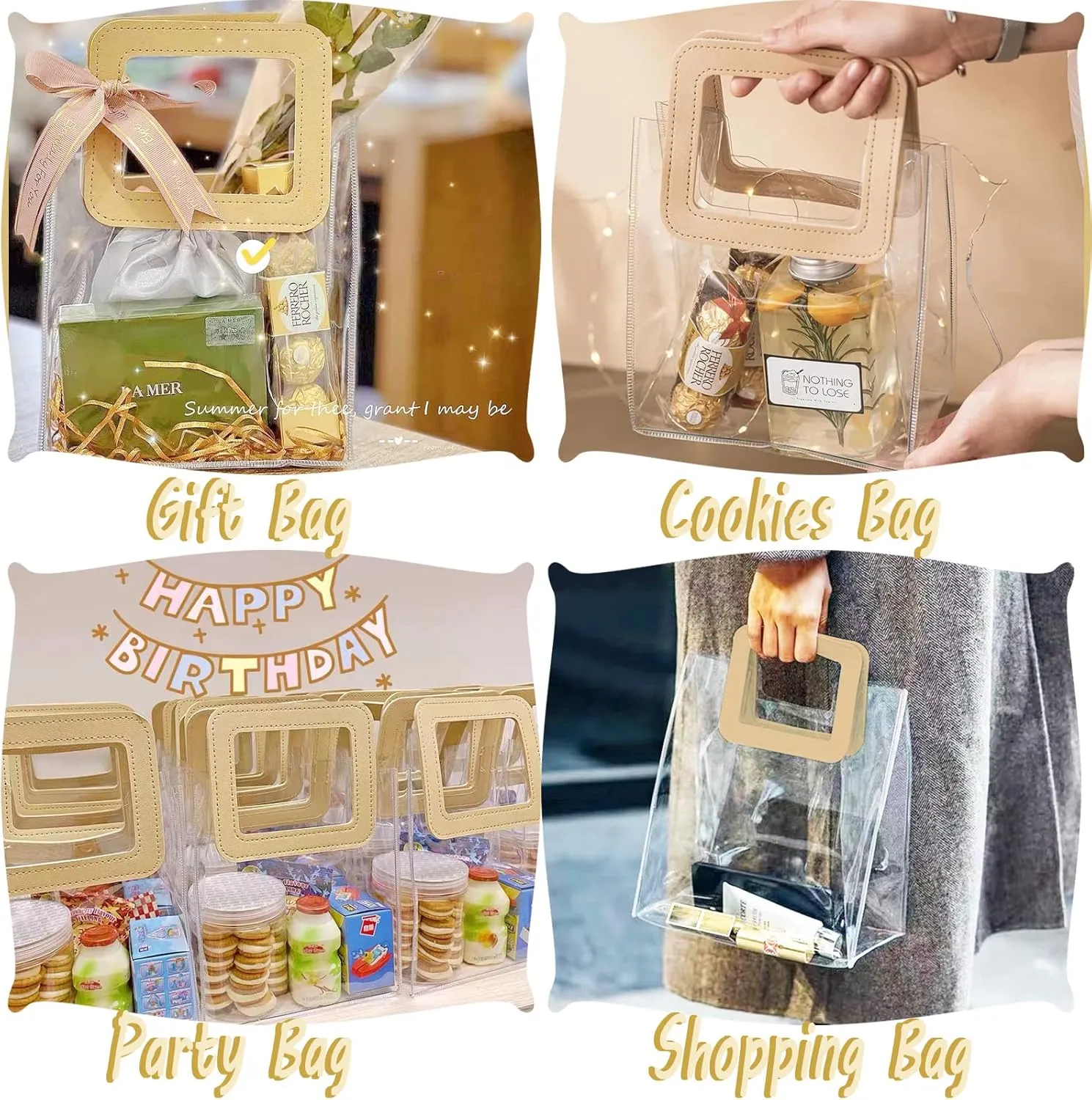 Clear Gift Bag with Handle, 8 Pcs Transparent PVC Gift Bag, Heavy Duty Reusable Gift Wrap Bags for Bridal Party, Baby Shower, Wedding Favor, Shopping Bag Bulk- 7"x4"x8"