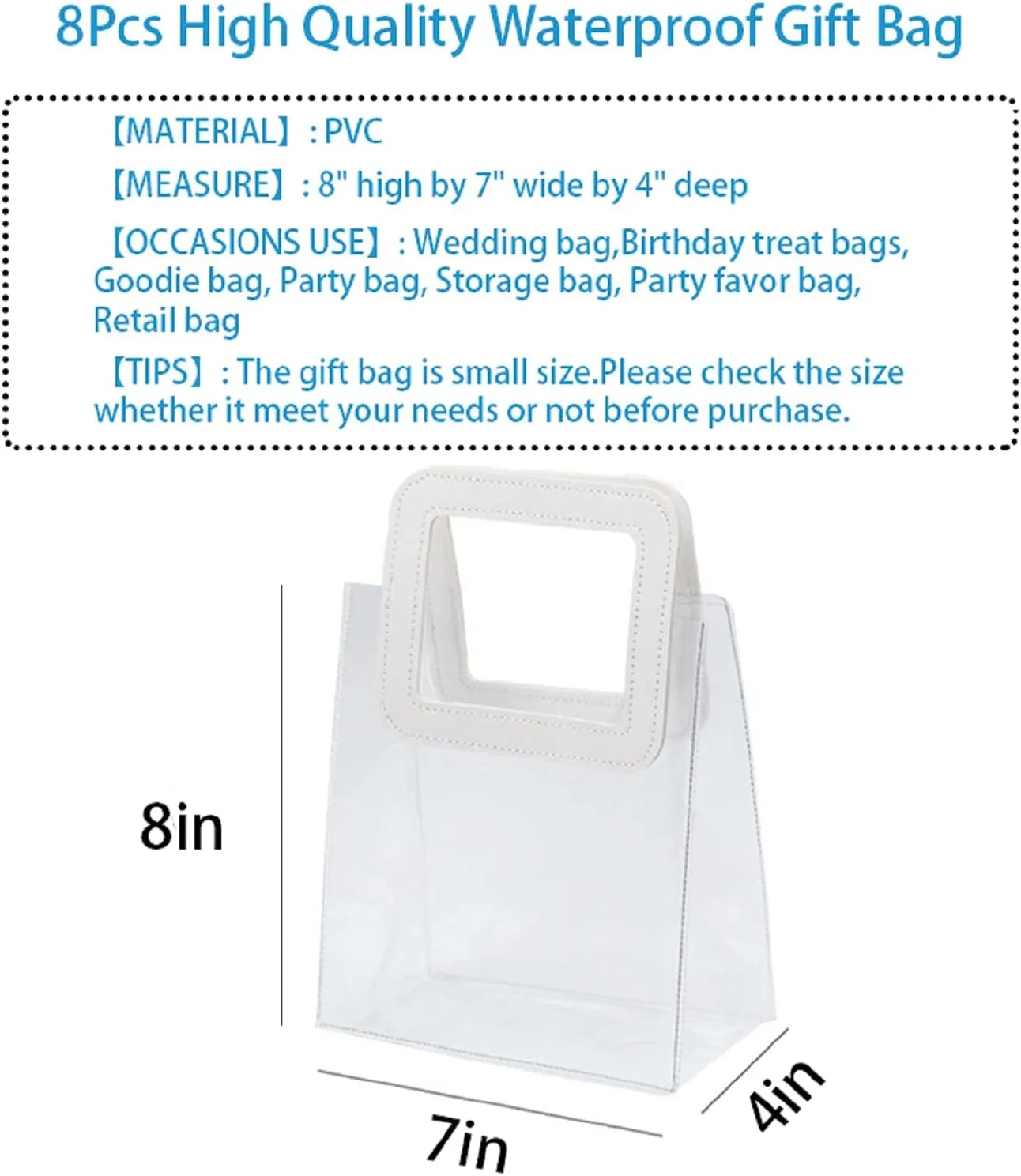 Clear Gift Bag with Handle, 8 Pcs Transparent PVC Gift Bag, Heavy Duty Reusable Gift Wrap Bags for Bridal Party, Baby Shower, Wedding Favor, Shopping Bag Bulk- 7"x4"x8"