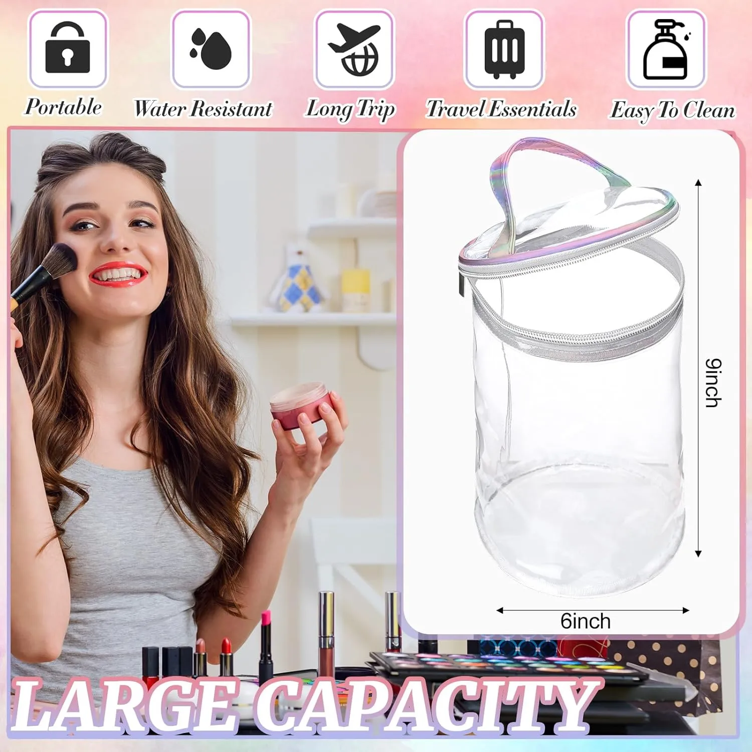 Clear Lotion Bag for Toiletry Cylinder Makeup Bag Heavy Duty Sunscreen Travel Organizer Pouch Waterproof Cosmetic Bag with Handle Zipper Gift for Christmas Beach Pool Airport Women(Silver)