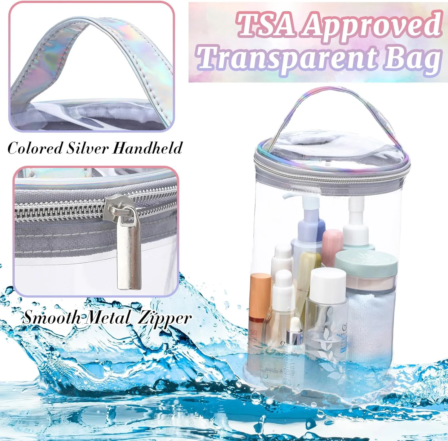 Clear Lotion Bag for Toiletry Cylinder Makeup Bag Heavy Duty Sunscreen Travel Organizer Pouch Waterproof Cosmetic Bag with Handle Zipper Gift for Christmas Beach Pool Airport Women(Silver)