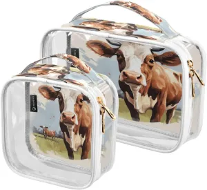 Clear Makeup Bags Grassland Cow Transparent Travel Cosmetic Bag with Handle for Toiletries 2 Pack