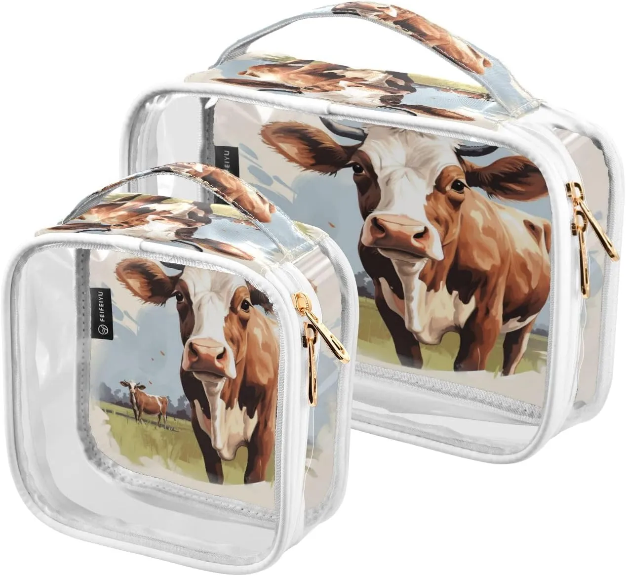 Clear Makeup Bags Grassland Cow Transparent Travel Cosmetic Bag with Handle for Toiletries 2 Pack
