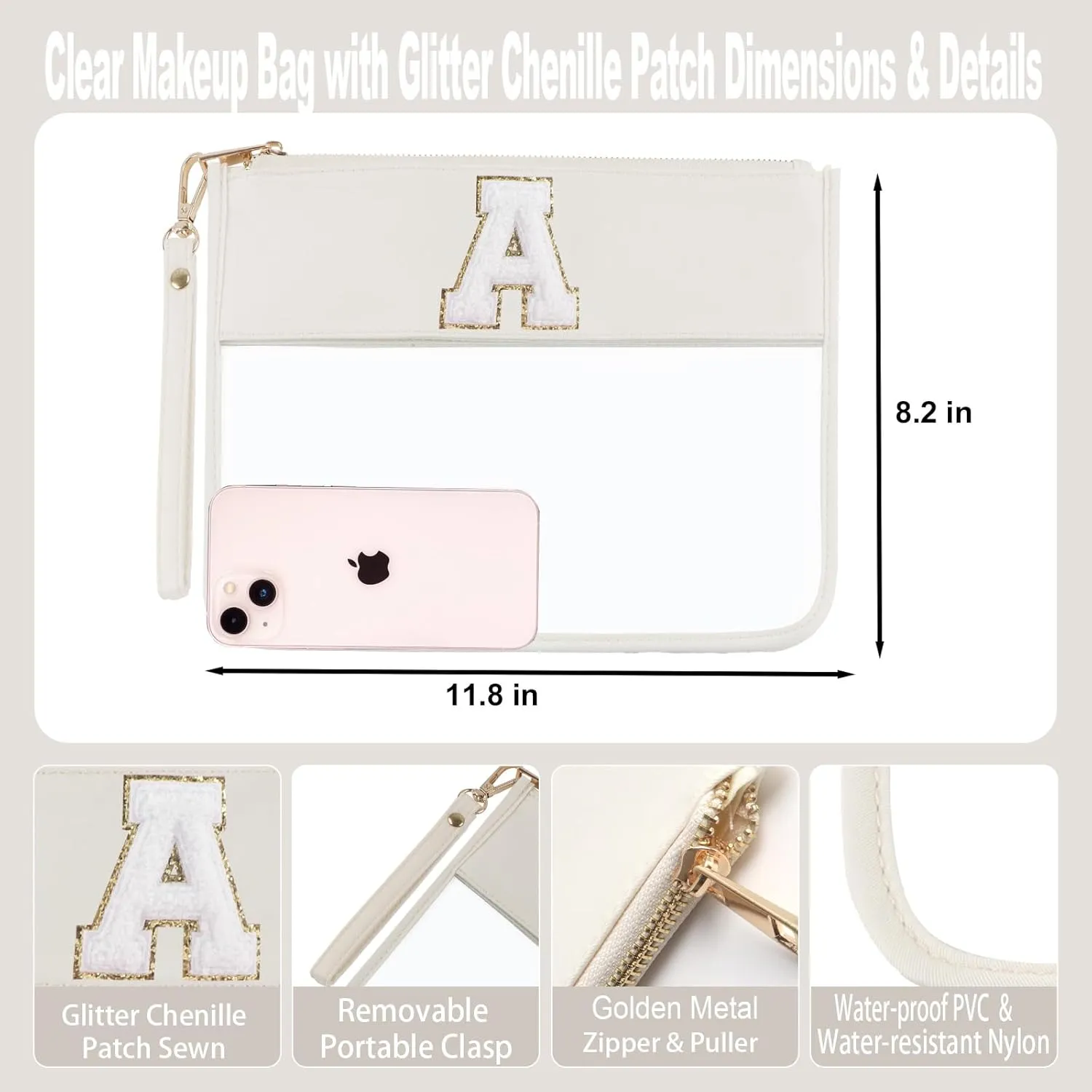Clear Monogram Chenille Snacks Travel Essentials Flat Zipper Pouch Cosmetic Brush Bag Set 2pcs (Beige Set A)