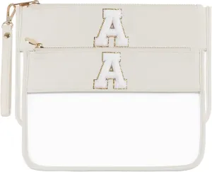 Clear Monogram Chenille Snacks Travel Essentials Flat Zipper Pouch Cosmetic Brush Bag Set 2pcs (Beige Set A)