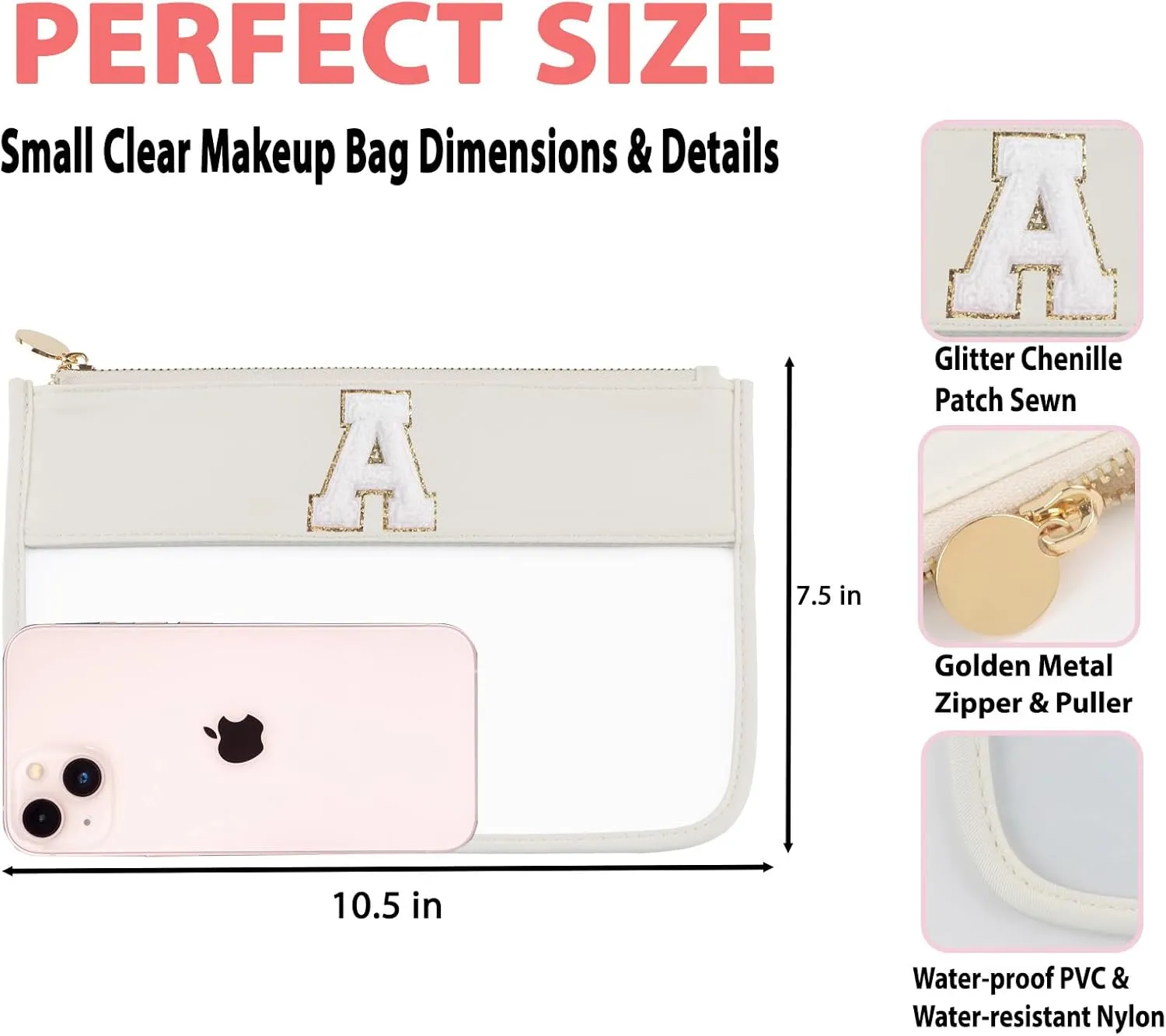 Clear Monogram Chenille Snacks Travel Essentials Flat Zipper Pouch Cosmetic Brush Bag Set 2pcs (Beige Set A)