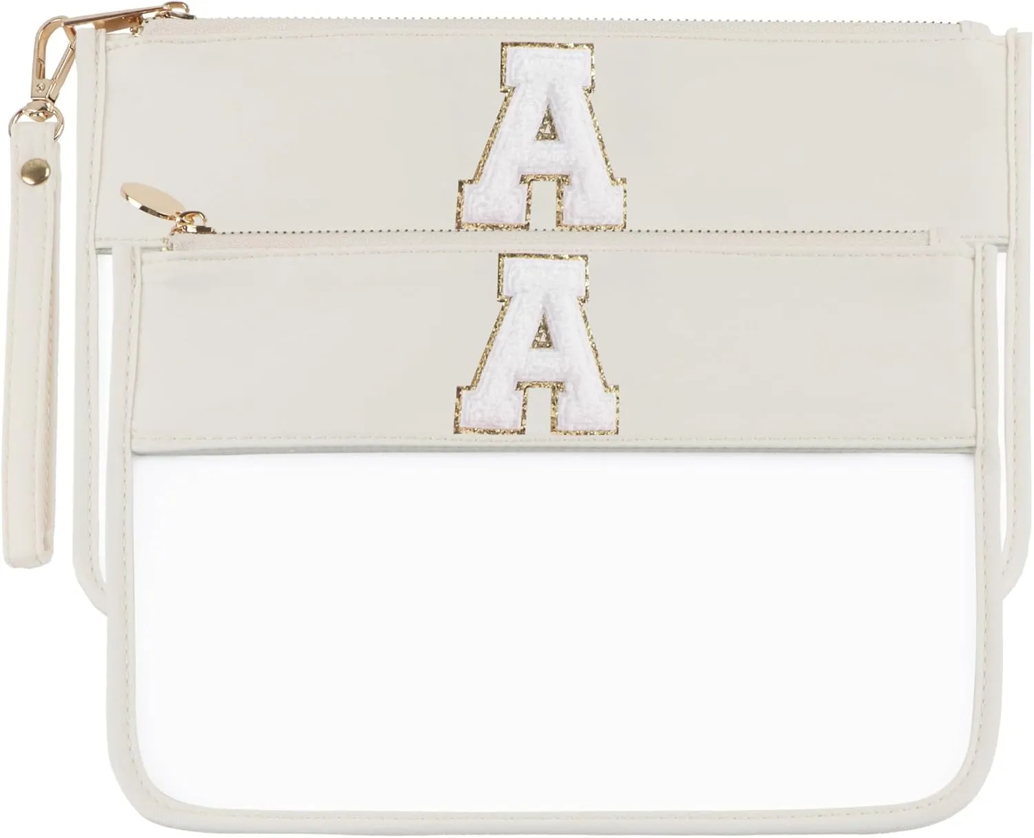 Clear Monogram Chenille Snacks Travel Essentials Flat Zipper Pouch Cosmetic Brush Bag Set 2pcs (Beige Set A)