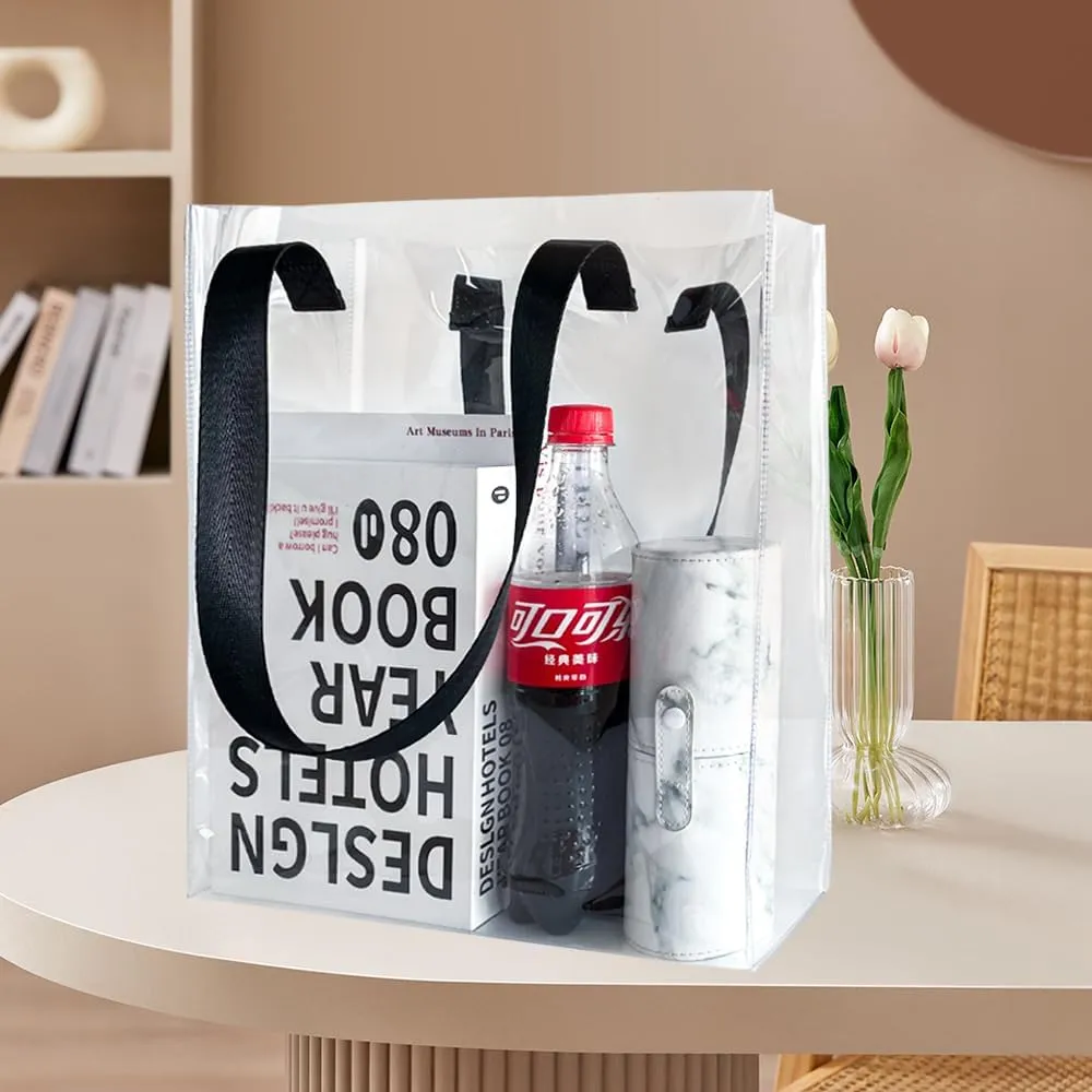 Clear PVC Tote with Black Handles13.3 x 11.8 x 3.94 inches Stadium Approved Transparent Plastic Beach Bag for Women