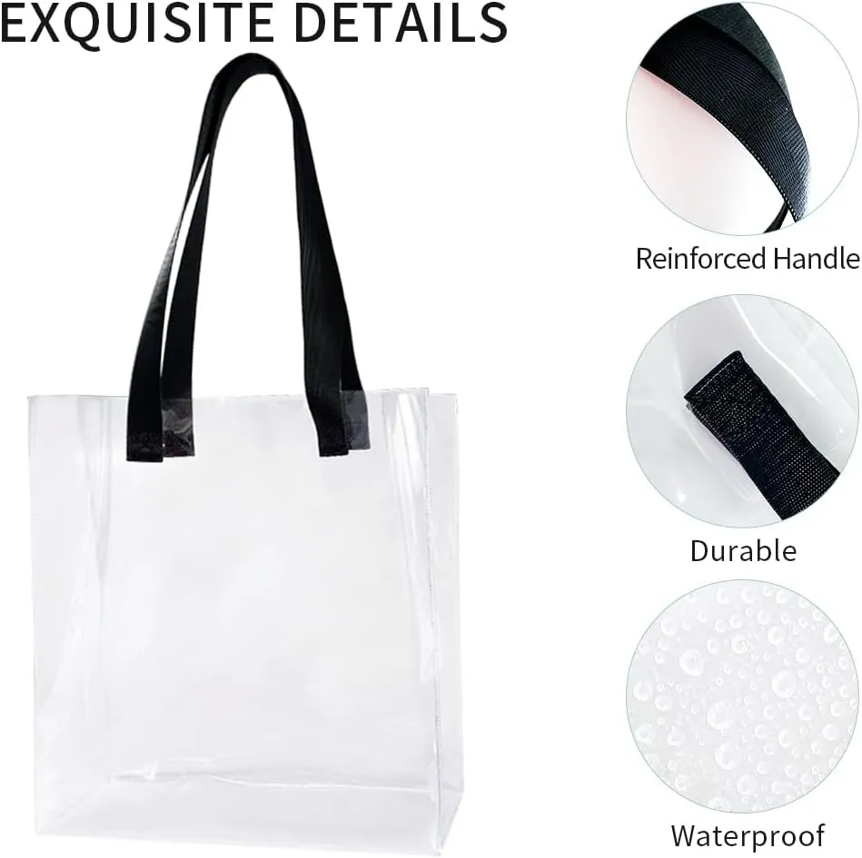 Clear PVC Tote with Black Handles13.3 x 11.8 x 3.94 inches Stadium Approved Transparent Plastic Beach Bag for Women