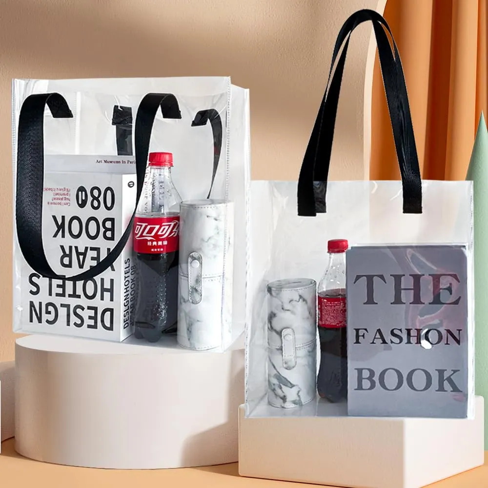 Clear PVC Tote with Black Handles13.3 x 11.8 x 3.94 inches Stadium Approved Transparent Plastic Beach Bag for Women