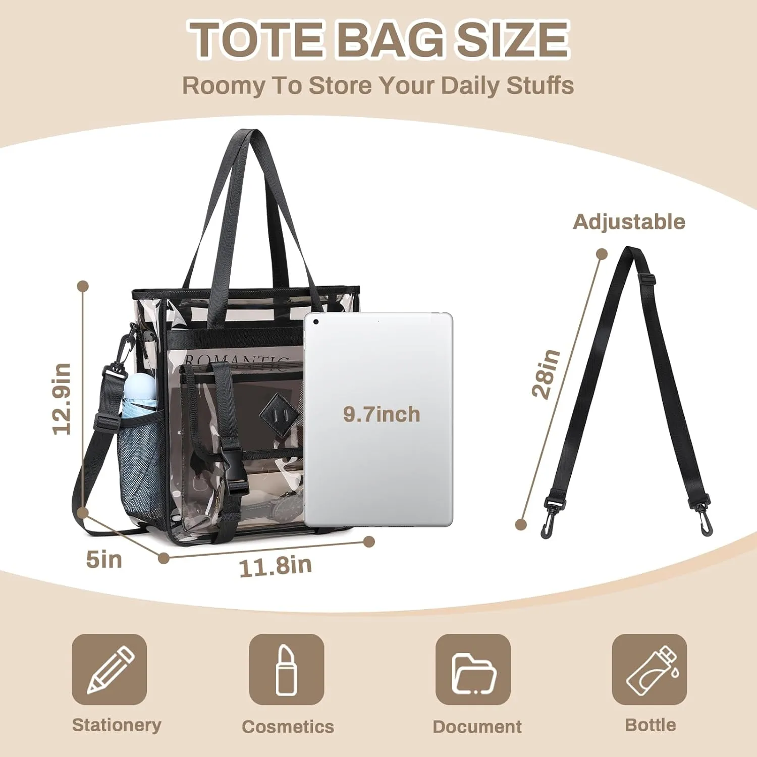 Clear Tote Bag Stadium Approved 12x6x12, Thickened Heavy Duty PVC Transparent Tote Bag Water Resistant