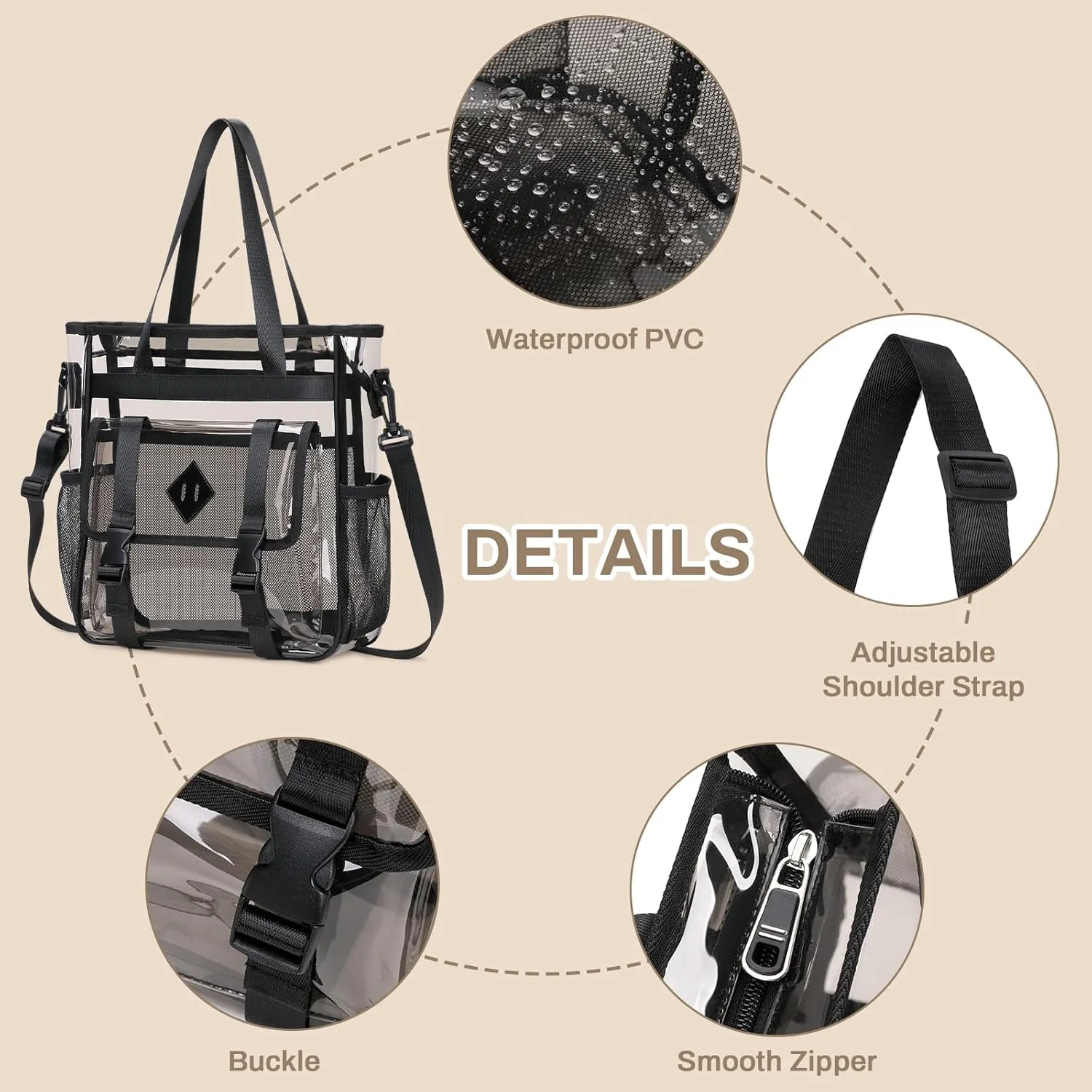 Clear Tote Bag Stadium Approved 12x6x12, Thickened Heavy Duty PVC Transparent Tote Bag Water Resistant