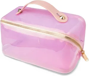 Clear Travel Bags for Toiletries, Transparent TSA Cosmetic Bag Lightweight PVC Clear Pouch with Zipper Handle Portable Travel Luggage Storage Bag for Women Girls (Pink)