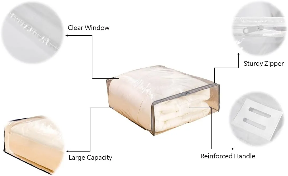 Clear Vinyl Zippered Storage Bags with Handle 15x18x6 Inch Pack of 6 for Blanket, Linen, Sweater, Bed Sheet, Quilt, Clothes, Pillow, Comforter, Foldable