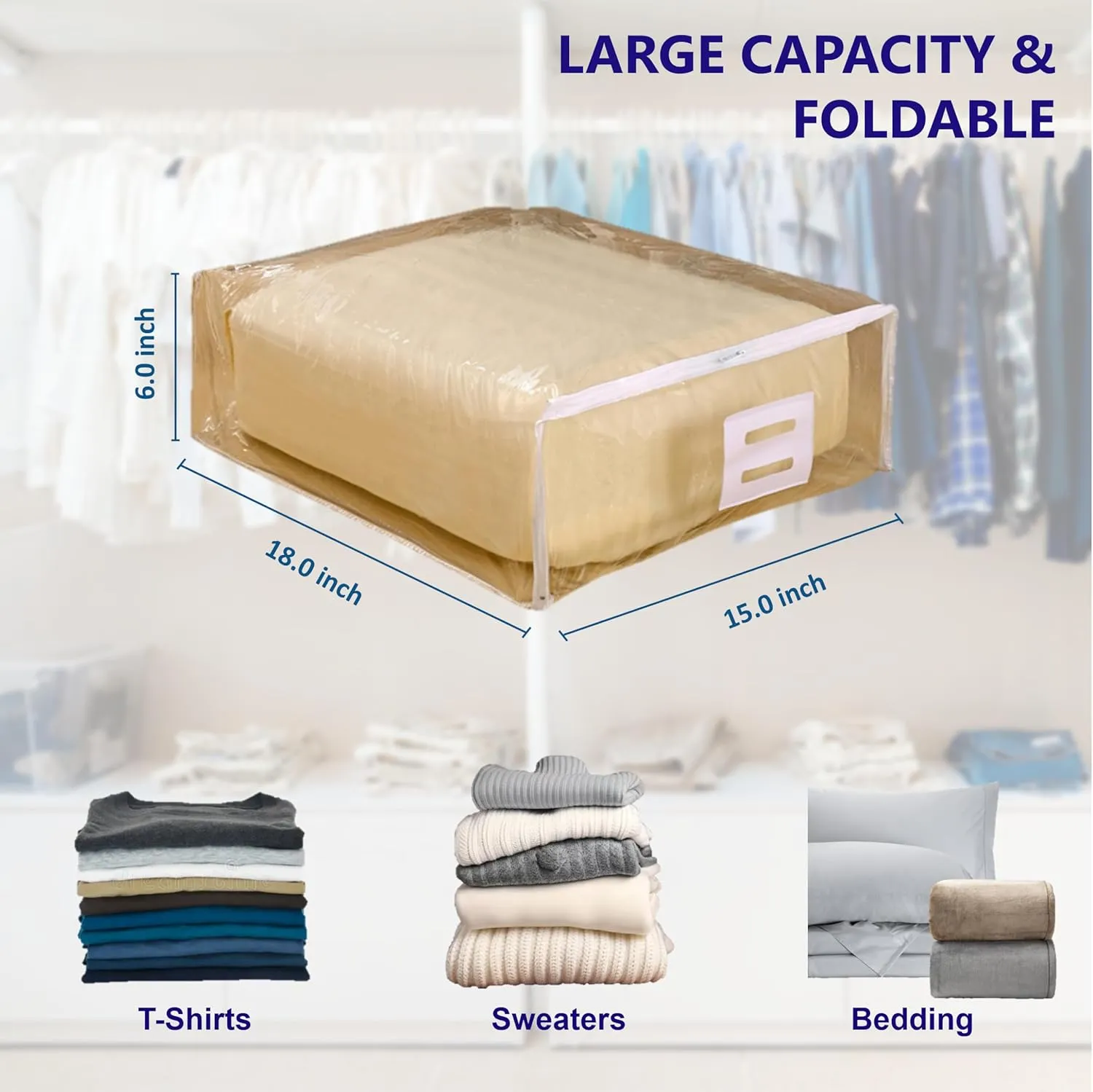 Clear Vinyl Zippered Storage Bags with Handle 15x18x6 Inch Pack of 6 for Blanket, Linen, Sweater, Bed Sheet, Quilt, Clothes, Pillow, Comforter, Foldable