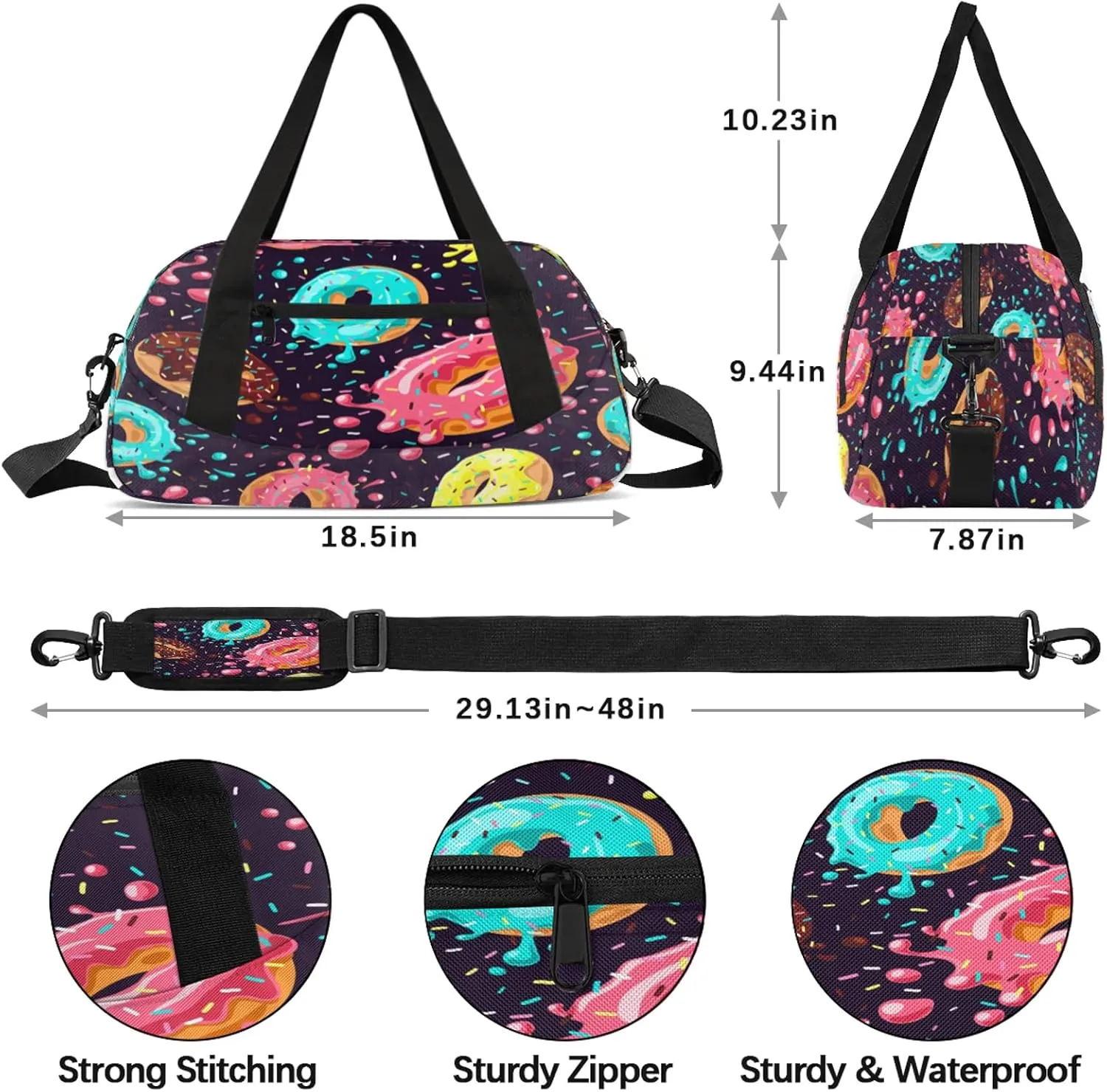 Colored Donuts Food Pattern Kids Duffel Bag Lightweight Waterproof Sports Gym Bag with Front Zipper Pocket Foldable Weekender Overnight Bag for School Practice Gymnastic Ballet