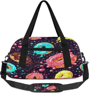 Colored Donuts Food Pattern Kids Duffel Bag Lightweight Waterproof Sports Gym Bag with Front Zipper Pocket Foldable Weekender Overnight Bag for School Practice Gymnastic Ballet