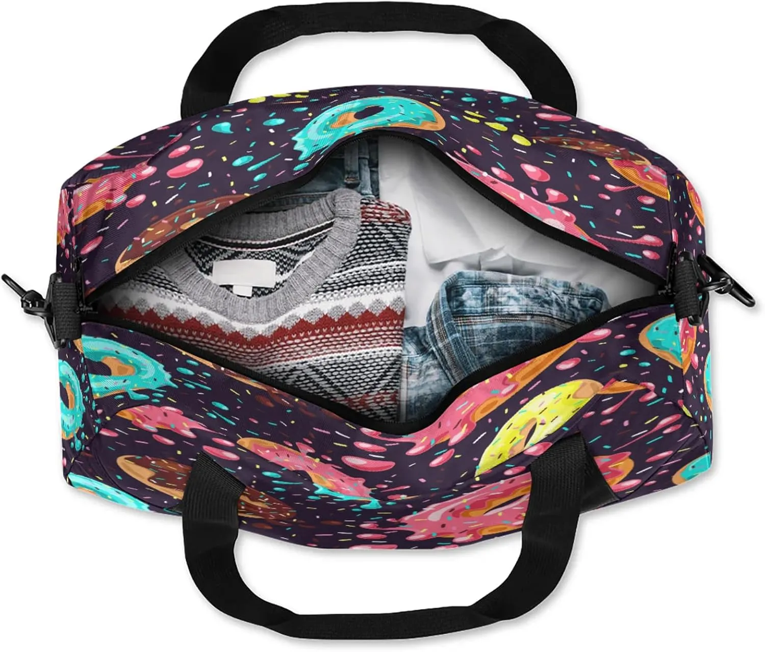 Colored Donuts Food Pattern Kids Duffel Bag Lightweight Waterproof Sports Gym Bag with Front Zipper Pocket Foldable Weekender Overnight Bag for School Practice Gymnastic Ballet