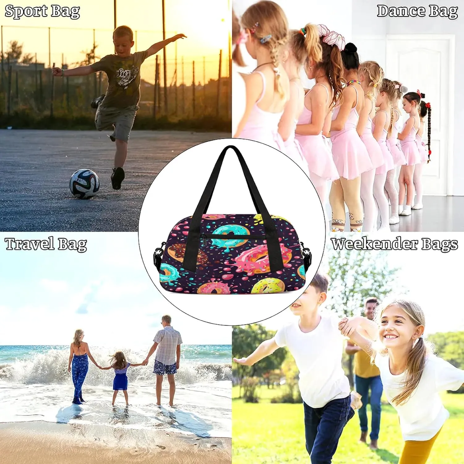 Colored Donuts Food Pattern Kids Duffel Bag Lightweight Waterproof Sports Gym Bag with Front Zipper Pocket Foldable Weekender Overnight Bag for School Practice Gymnastic Ballet