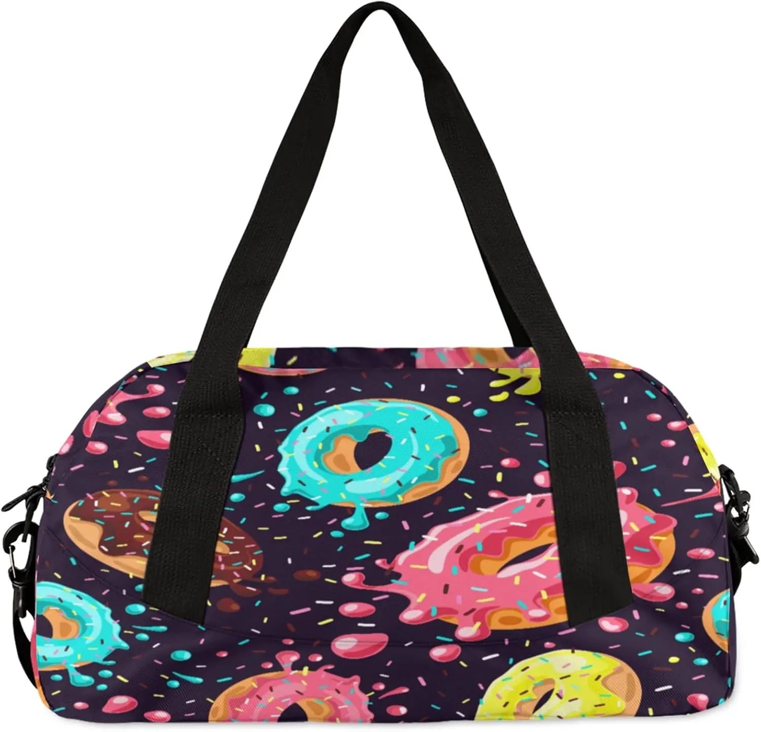 Colored Donuts Food Pattern Kids Duffel Bag Lightweight Waterproof Sports Gym Bag with Front Zipper Pocket Foldable Weekender Overnight Bag for School Practice Gymnastic Ballet