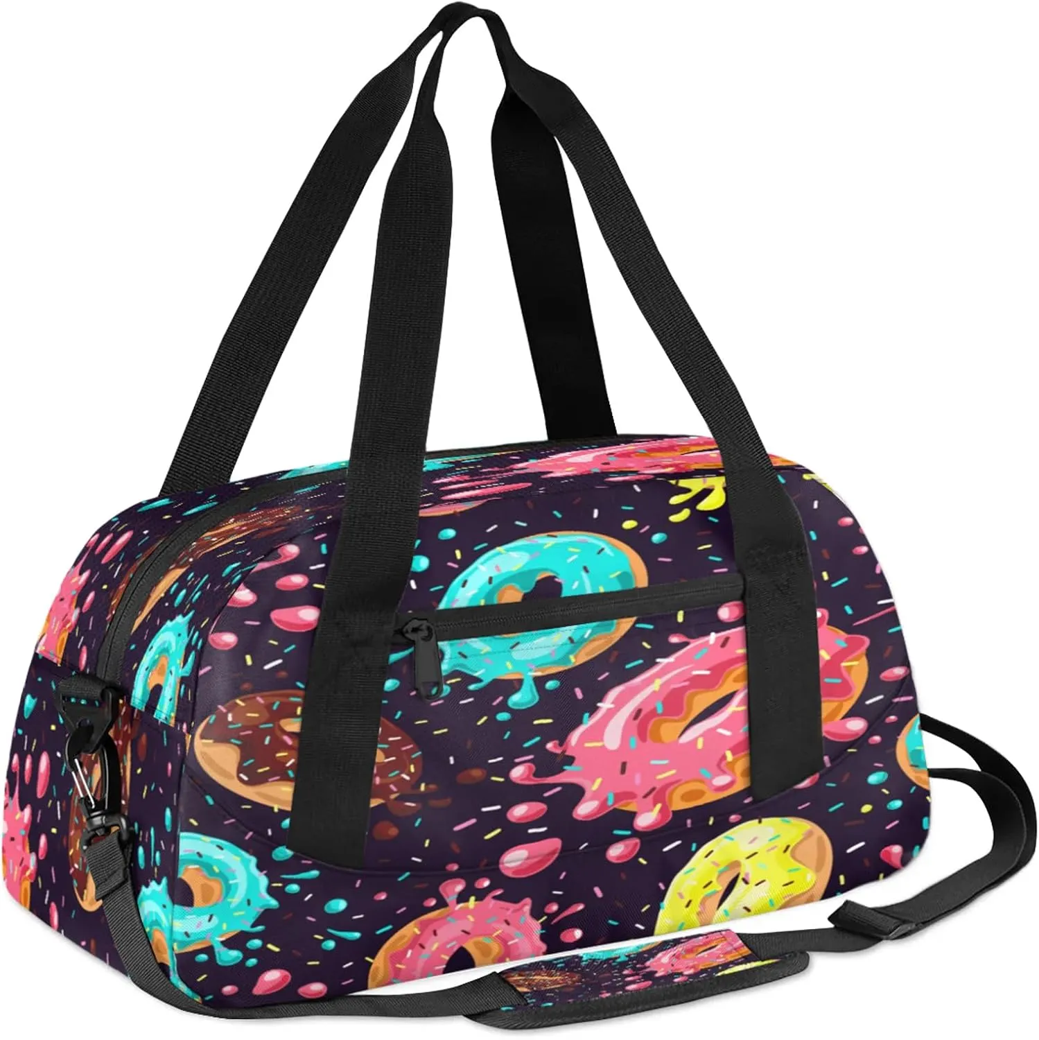 Colored Donuts Food Pattern Kids Duffel Bag Lightweight Waterproof Sports Gym Bag with Front Zipper Pocket Foldable Weekender Overnight Bag for School Practice Gymnastic Ballet