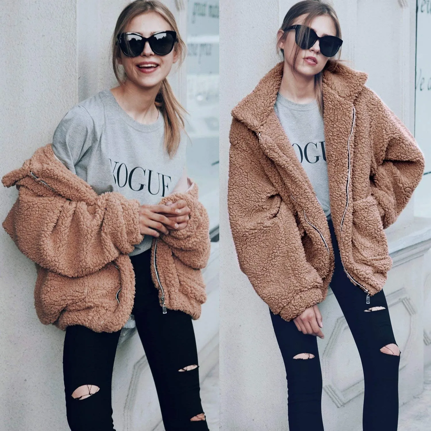 Comeon Women's Coat Casual Lapel Fleece Fuzzy Faux Shearling Zipper Coats Warm Winter Oversized Outwear Jackets