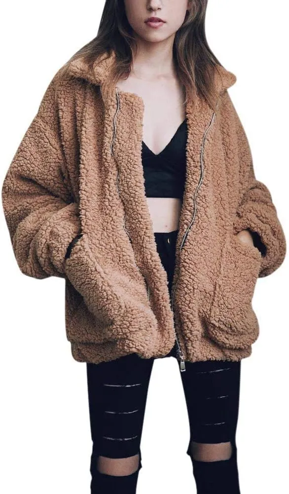 Comeon Women's Coat Casual Lapel Fleece Fuzzy Faux Shearling Zipper Coats Warm Winter Oversized Outwear Jackets