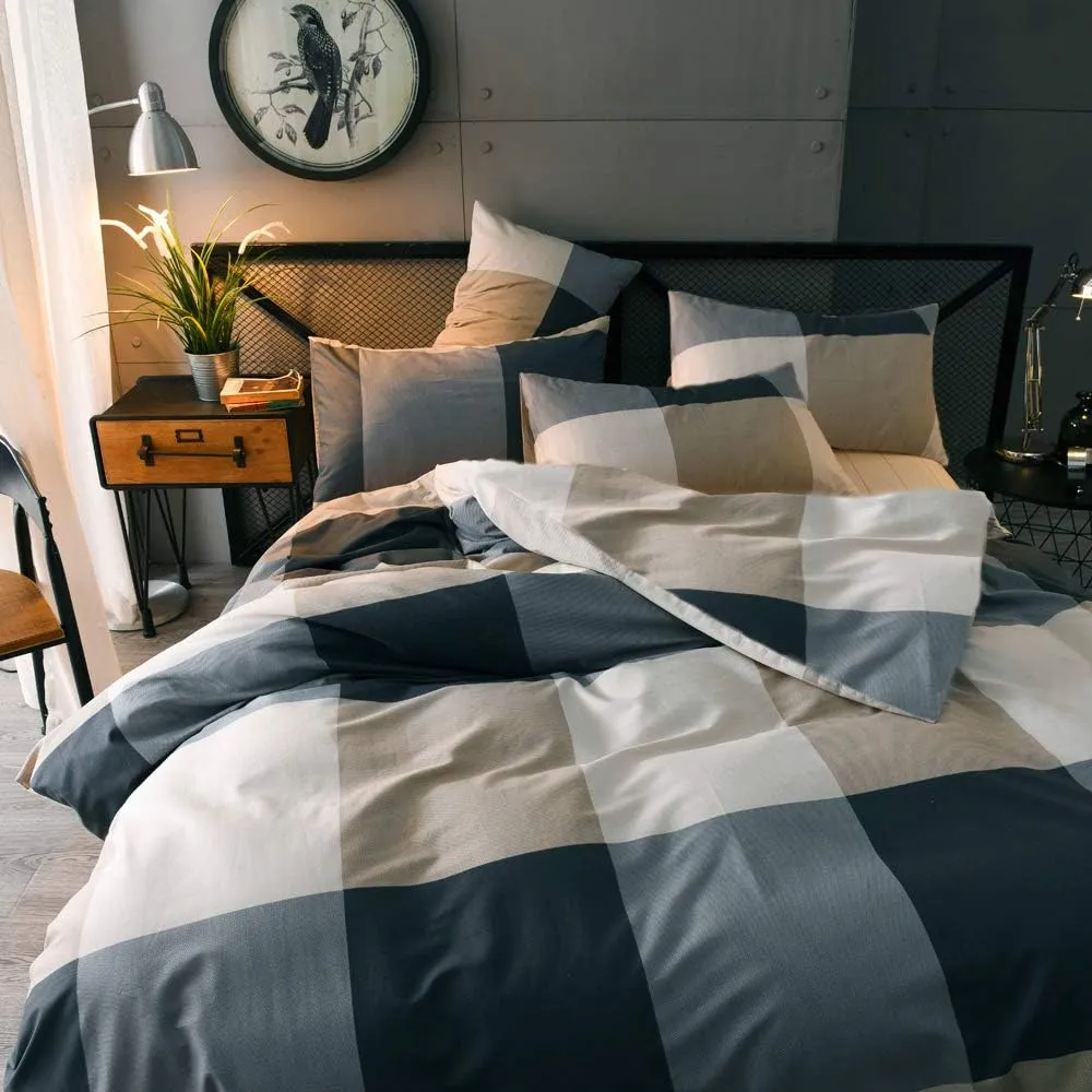Cotton Grid Plaid Duvet Cover Set Queen Modern Reversible Checkered Bedding Set Hotel Quality 3 Pieces Duvet Comforter Cover Luxury Soft Zipper Closure Bedding Collection (NO Comforter)
