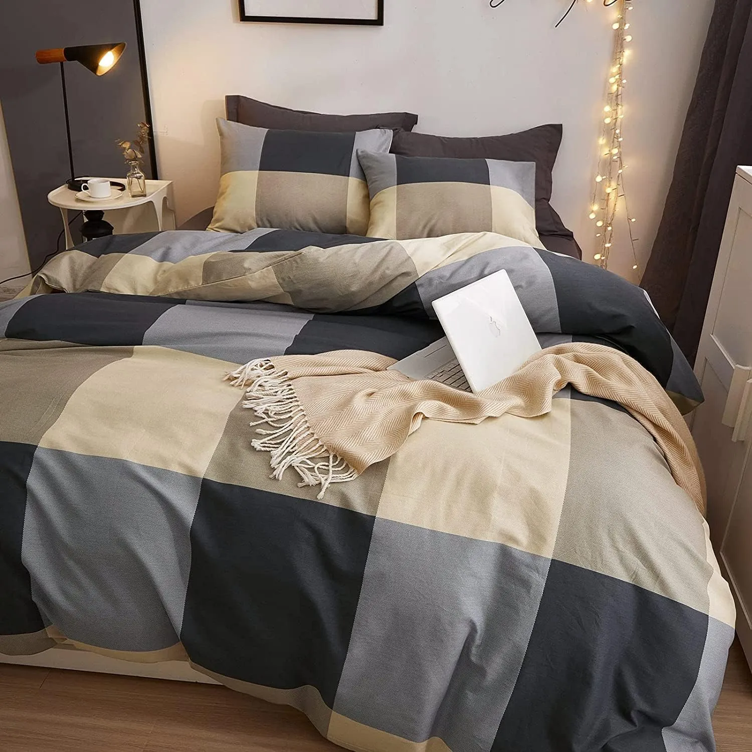 Cotton Grid Plaid Duvet Cover Set Queen Modern Reversible Checkered Bedding Set Hotel Quality 3 Pieces Duvet Comforter Cover Luxury Soft Zipper Closure Bedding Collection (NO Comforter)