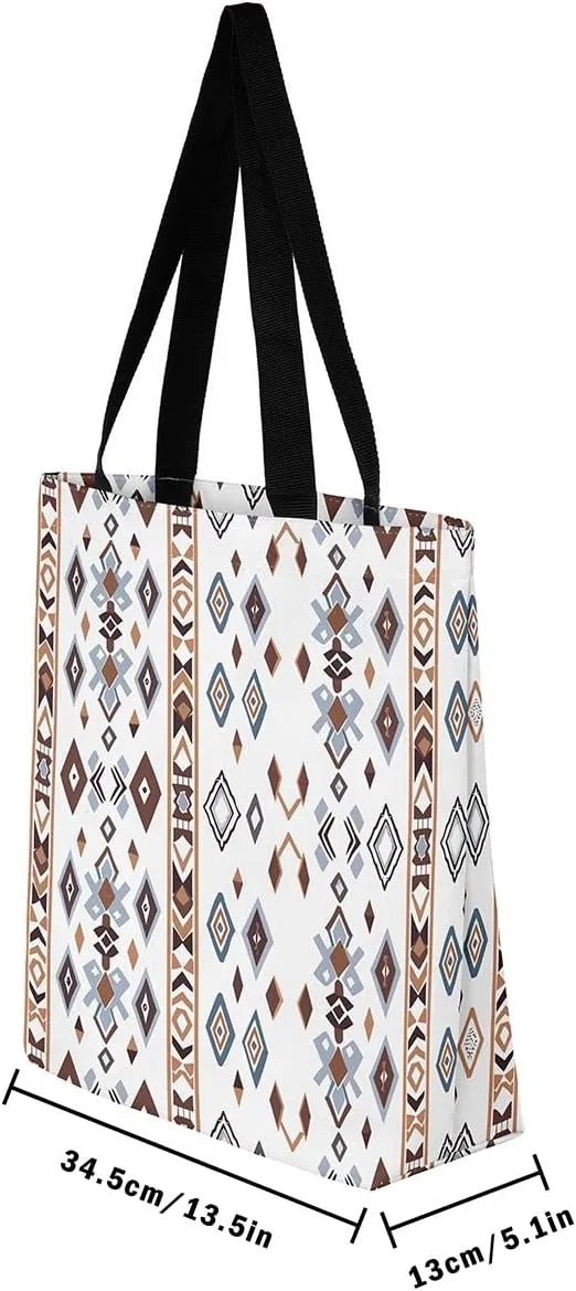 Cowhide Canvas Tote Bag for Women,Geometric Aztec Large Capacity Gym Bag,Southwestern Reusable Cloth Cotton Bags