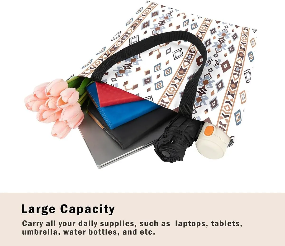 Cowhide Canvas Tote Bag for Women,Geometric Aztec Large Capacity Gym Bag,Southwestern Reusable Cloth Cotton Bags