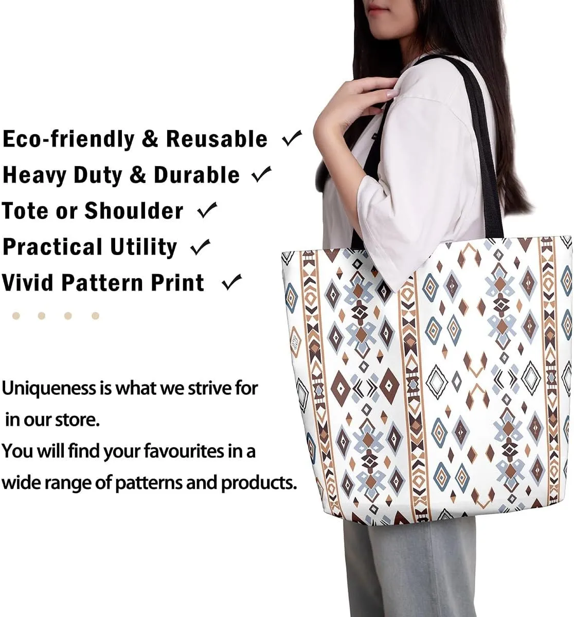 Cowhide Canvas Tote Bag for Women,Geometric Aztec Large Capacity Gym Bag,Southwestern Reusable Cloth Cotton Bags