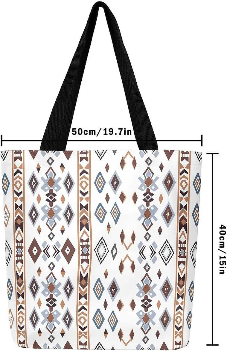Cowhide Canvas Tote Bag for Women,Geometric Aztec Large Capacity Gym Bag,Southwestern Reusable Cloth Cotton Bags