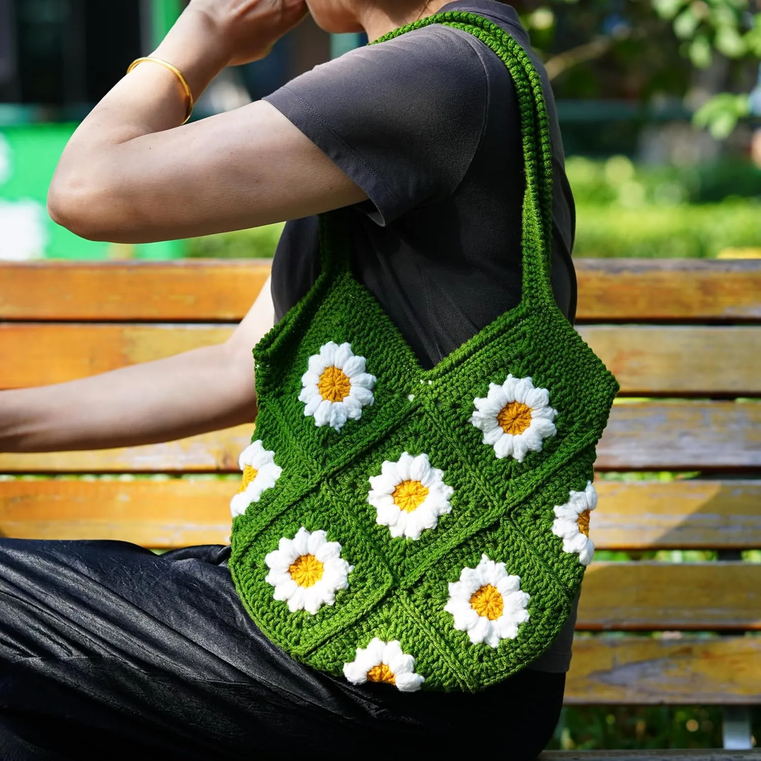 Crochet Tote Bags and Purse - Floral Daisy Knit Bags for Women - Gifts