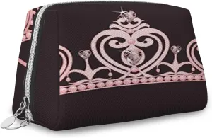 Crown Pattern,Leather Large Makeup Bag Zipper Pouch,Pale Colored Crown Diamond,Travel Cosmetic Organizer for Women and Girls,Pink Black,M