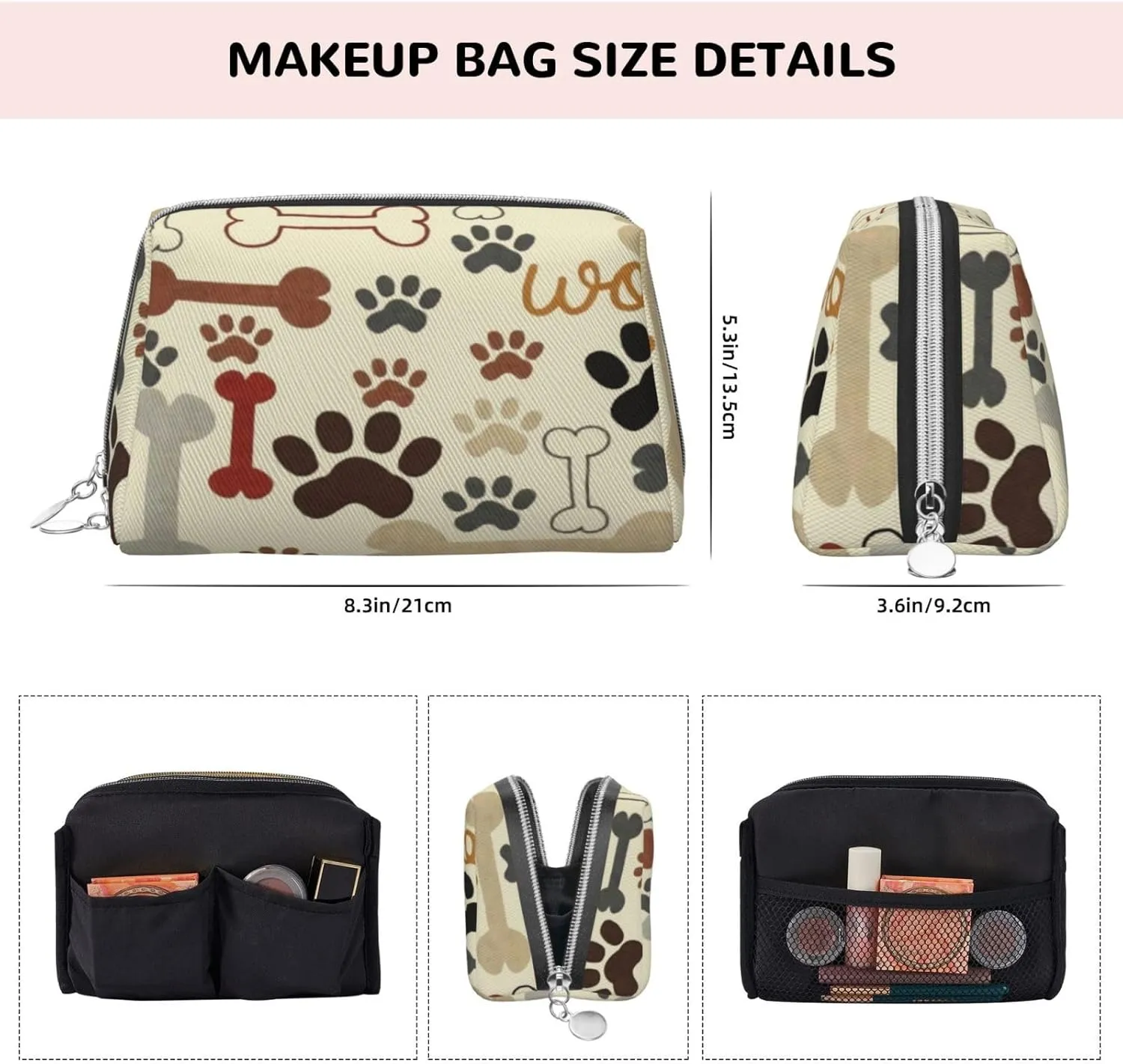 Crown Pattern,Leather Large Makeup Bag Zipper Pouch,Pale Colored Crown Diamond,Travel Cosmetic Organizer for Women and Girls,Pink Black,M