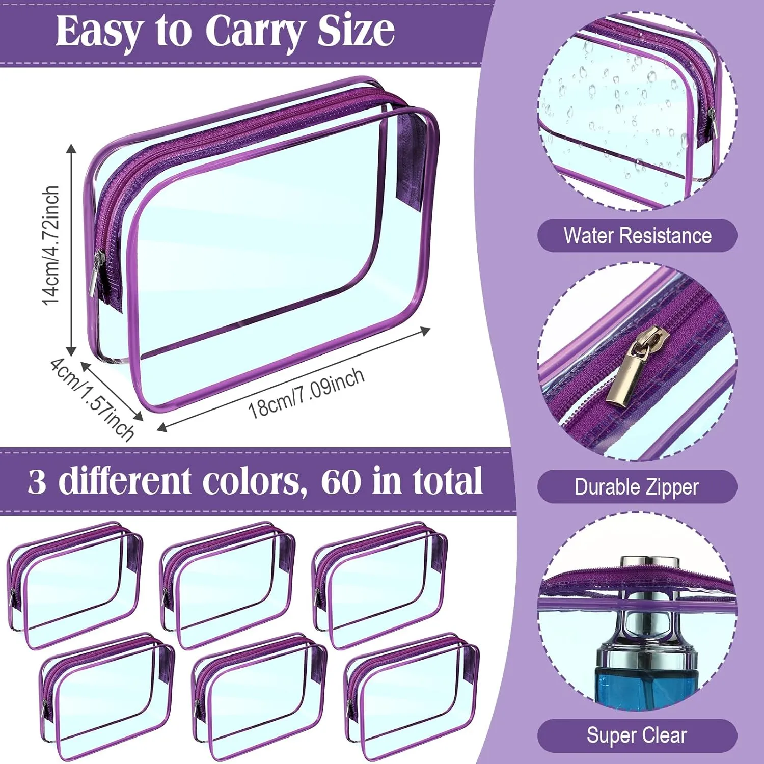 Cunno 60 Pcs Clear Toiletry Bag TSA Approved Cosmetic Bag Bulk Makeup Bag Travel Carry Airport Airline Compliant Bag for Women Men Summer Vacation Salon Mother Gift(Mint Green)