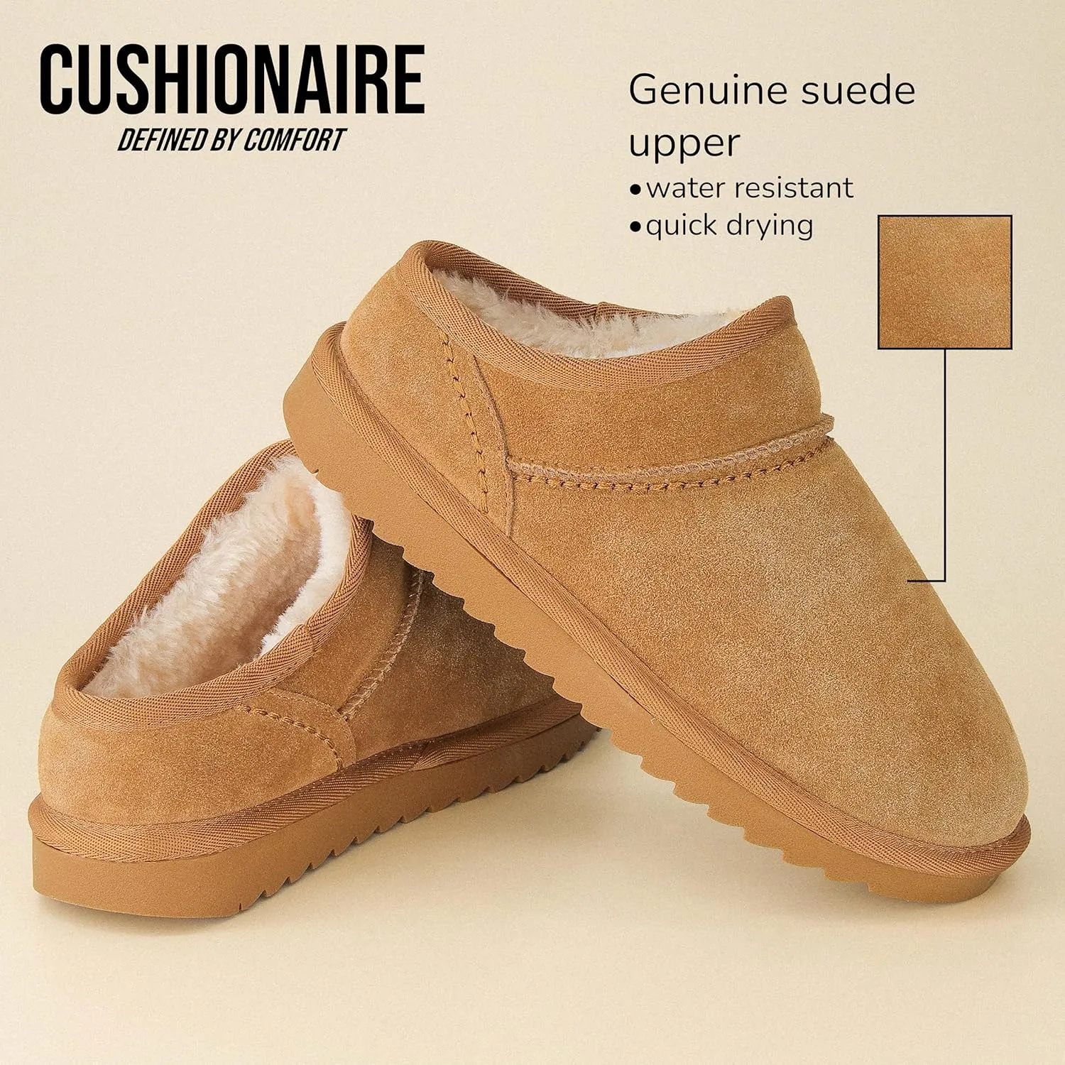 CUSHIONAIRE Women's Hilo 2 Premium Suede Slip-On House Slippers – Clog Slippers for Women, Memory Foam, Faux Shearling, Wide Widths Available