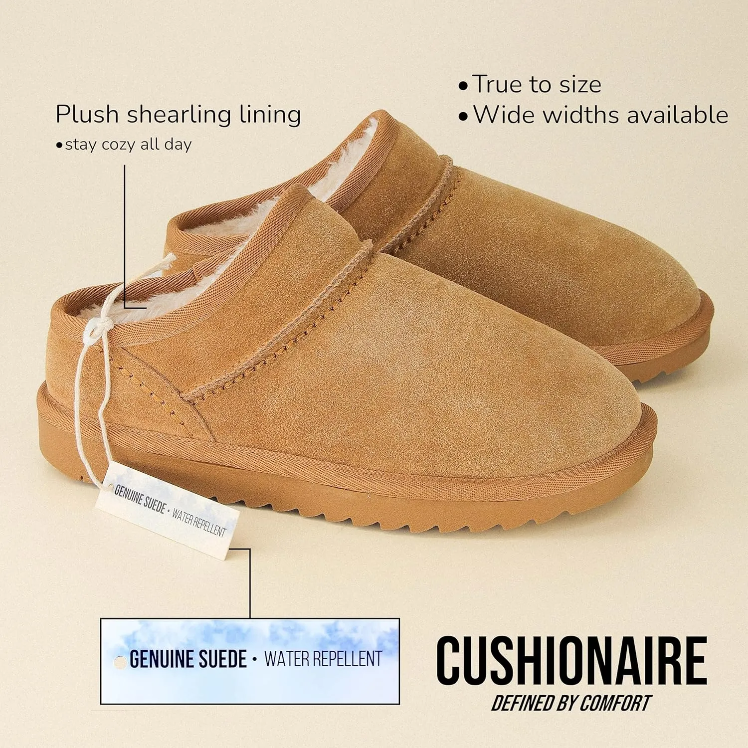 CUSHIONAIRE Women's Hilo 2 Premium Suede Slip-On House Slippers – Clog Slippers for Women, Memory Foam, Faux Shearling, Wide Widths Available