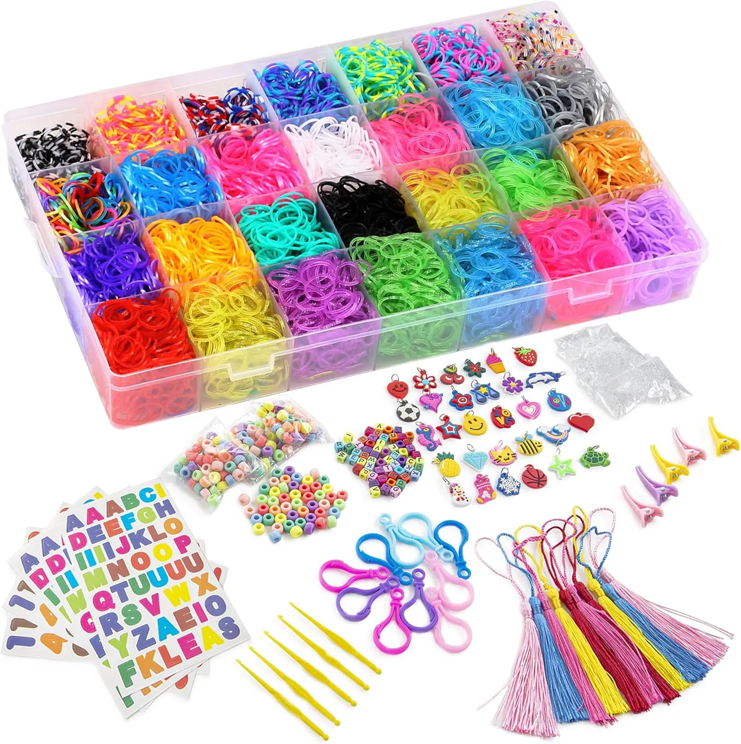 DasKid 12100  Rubber Bands Refill Loom Set 11,000  Loom Bands 42 Colors 600 Clips 200 Beads   52 ABC Beads 30 Charms 10 Backpack Hooks 10 Tassels 5 Crochet Hooks 5 Hair Clips  ABC & Number Stickers
