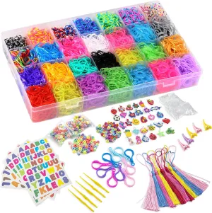 DasKid 12100  Rubber Bands Refill Loom Set 11,000  Loom Bands 42 Colors 600 Clips 200 Beads   52 ABC Beads 30 Charms 10 Backpack Hooks 10 Tassels 5 Crochet Hooks 5 Hair Clips  ABC & Number Stickers