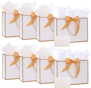 Dimetey 8Pack Metallic Paper Gift Bags with Handle,Bow Ribbon,Tissue and card, 20x28x10cm Thank You Favor Bag for Graduaction Wedding Bridal Birthday Party Baby Shower Retirement (Gold)