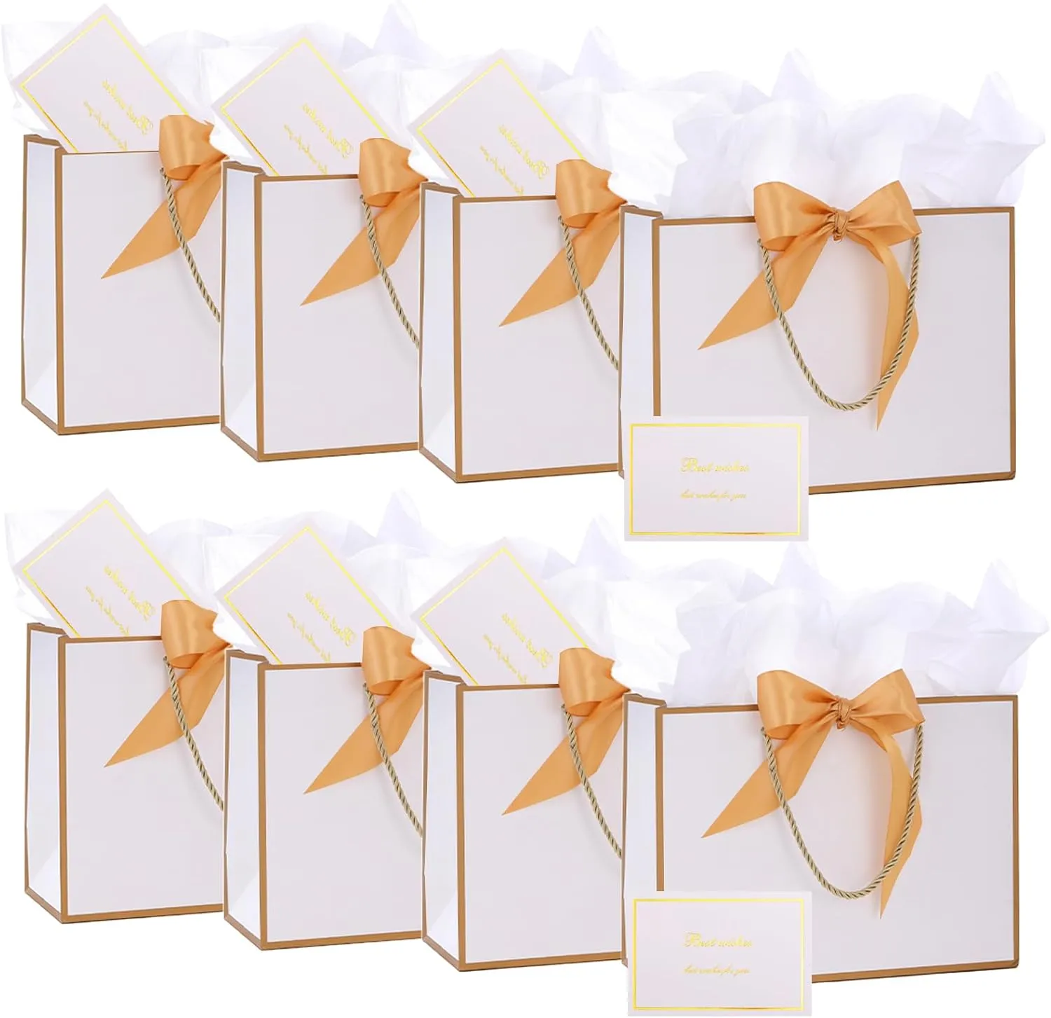 Dimetey 8Pack Metallic Paper Gift Bags with Handle,Bow Ribbon,Tissue and card, 20x28x10cm Thank You Favor Bag for Graduaction Wedding Bridal Birthday Party Baby Shower Retirement (Gold)