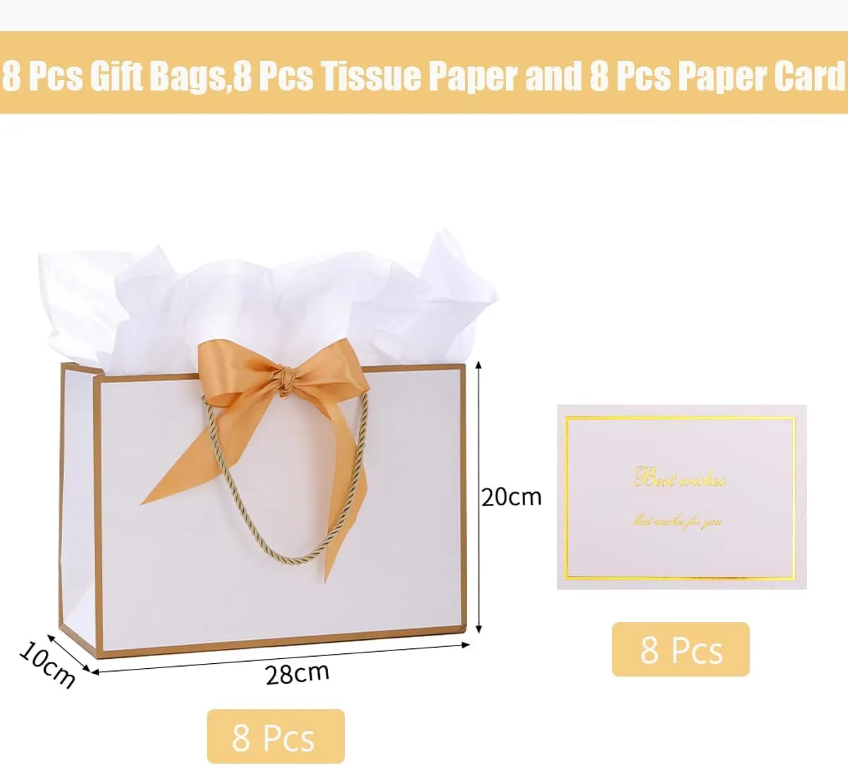 Dimetey 8Pack Metallic Paper Gift Bags with Handle,Bow Ribbon,Tissue and card, 20x28x10cm Thank You Favor Bag for Graduaction Wedding Bridal Birthday Party Baby Shower Retirement (Gold)