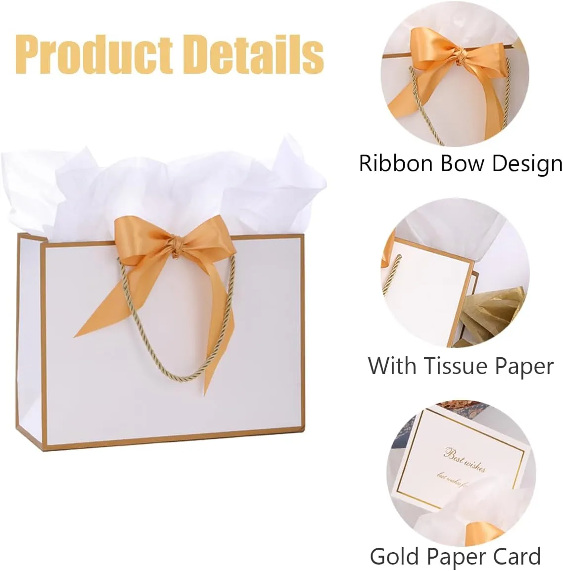 Dimetey 8Pack Metallic Paper Gift Bags with Handle,Bow Ribbon,Tissue and card, 20x28x10cm Thank You Favor Bag for Graduaction Wedding Bridal Birthday Party Baby Shower Retirement (Gold)