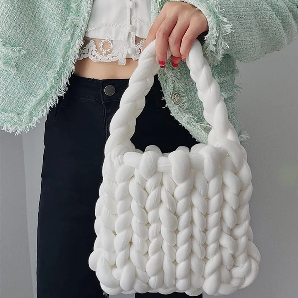DIY Thick Braided Bucket Bag, Handmade Heavy Coarse Knitted Handbag, Chunky Cotton Wool Casual Soft Wrist Bag