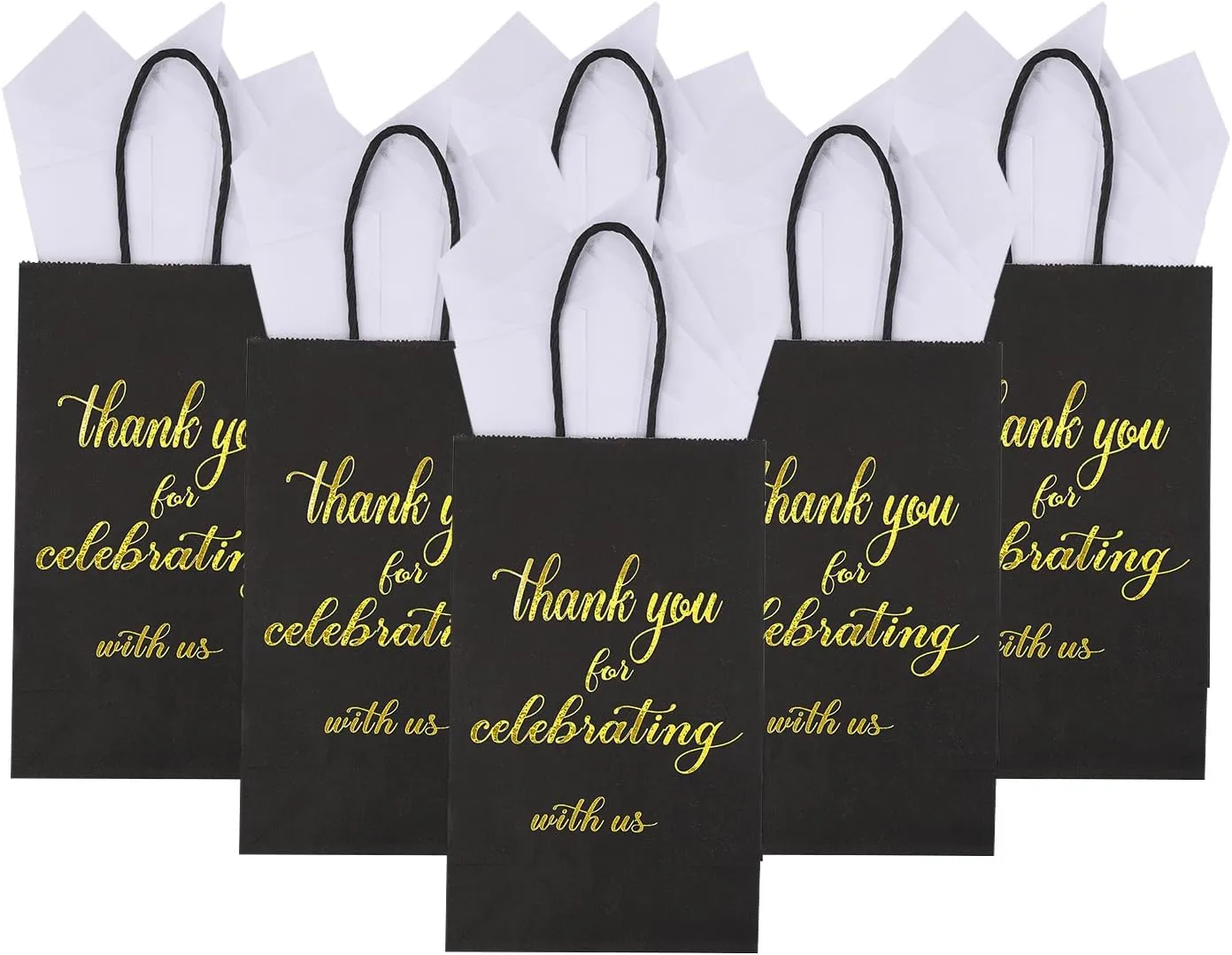 DjinnGlory 50 Pack Small Black & Gold Foil Thank You Paper Bags with Handles 9x5.5x3.15 and White Tissue Paper for Wedding Engagement Bridal Party Goodies, Welcome Gift Bags for Hotel Guests
